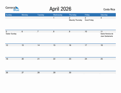 Current month calendar with Costa Rica holidays for April 2026