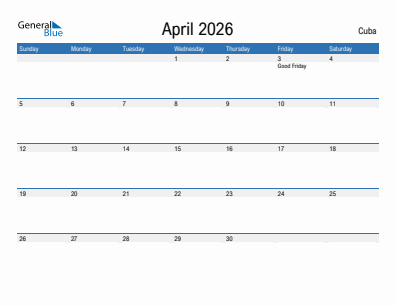 Current month calendar with Cuba holidays for April 2026