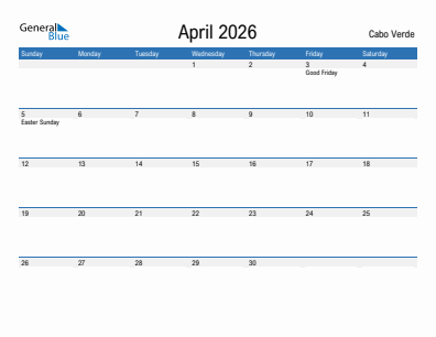 Current month calendar with Cabo Verde holidays for April 2026