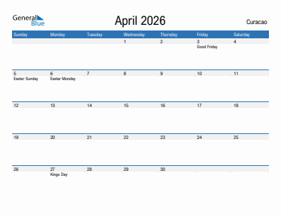 Current month calendar with Curacao holidays for April 2026