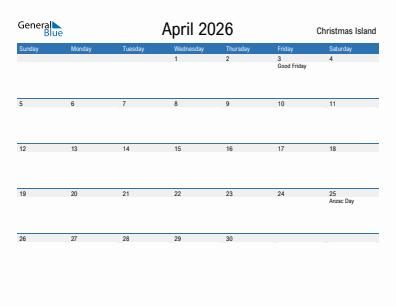 Current month calendar with Christmas Island holidays for April 2026