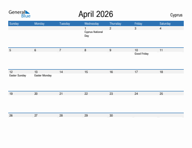 Current month calendar with Cyprus holidays for April 2026