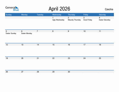 Current month calendar with Czechia holidays for April 2026