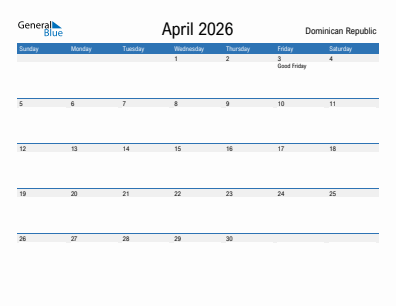 Current month calendar with Dominican Republic holidays for April 2026