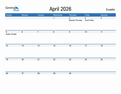 Current month calendar with Ecuador holidays for April 2026