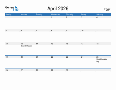 Current month calendar with Egypt holidays for April 2026