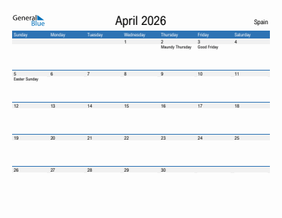 Current month calendar with Spain holidays for April 2026
