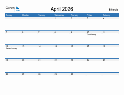 Current month calendar with Ethiopia holidays for April 2026