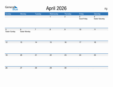 Current month calendar with Fiji holidays for April 2026