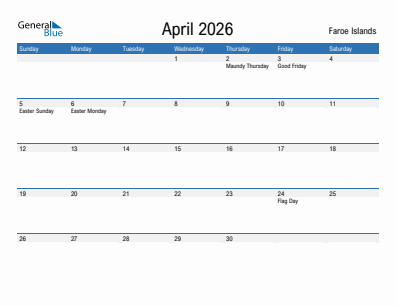 Current month calendar with Faroe Islands holidays for April 2026