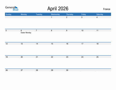 Current month calendar with France holidays for April 2026