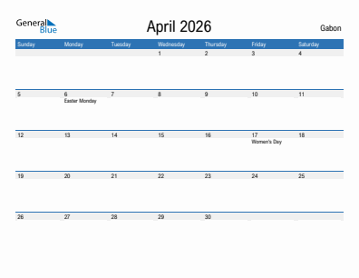 Current month calendar with Gabon holidays for April 2026