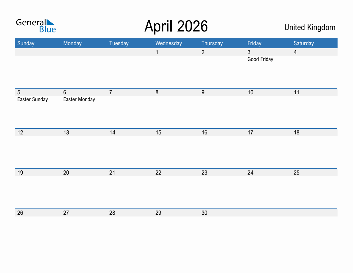 April 2026 Monthly Calendars with United Kingdom Holidays