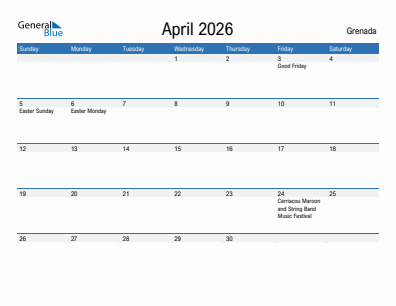 Current month calendar with Grenada holidays for April 2026