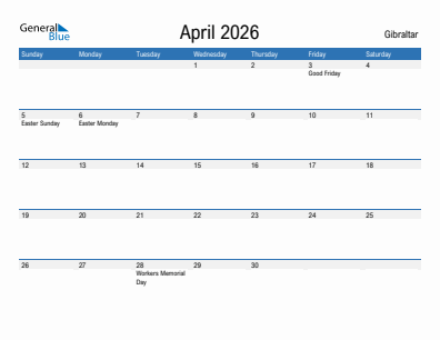 Current month calendar with Gibraltar holidays for April 2026