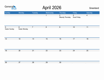 Current month calendar with Greenland holidays for April 2026