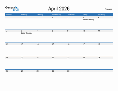 Current month calendar with Guinea holidays for April 2026