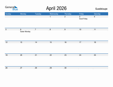 Current month calendar with Guadeloupe holidays for April 2026