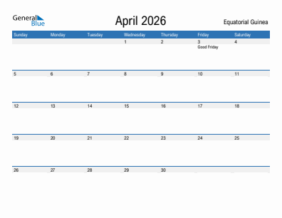 Current month calendar with Equatorial Guinea holidays for April 2026