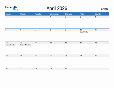 Current month calendar with Greece holidays for April 2026