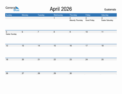 Current month calendar with Guatemala holidays for April 2026