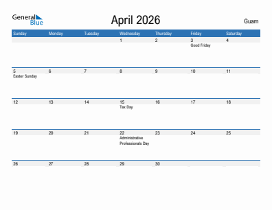 Current month calendar with Guam holidays for April 2026