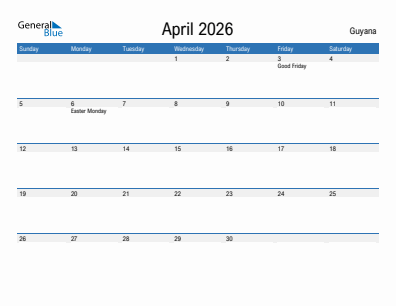 Current month calendar with Guyana holidays for April 2026