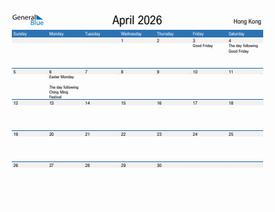 Current month calendar with Hong Kong holidays for April 2026