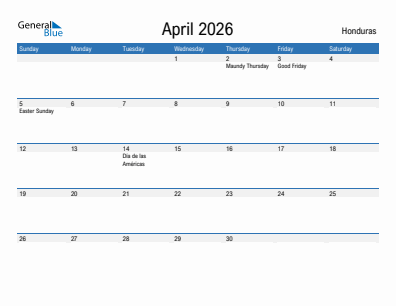 Current month calendar with Honduras holidays for April 2026