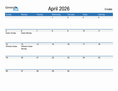 Current month calendar with Croatia holidays for April 2026