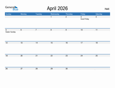 Current month calendar with Haiti holidays for April 2026