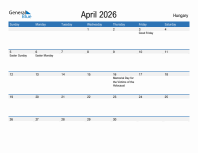 Current month calendar with Hungary holidays for April 2026