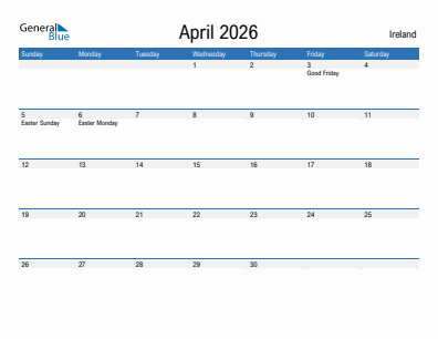 Current month calendar with Ireland holidays for April 2026