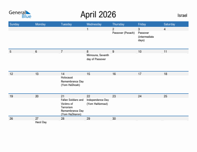 Current month calendar with Israel holidays for April 2026