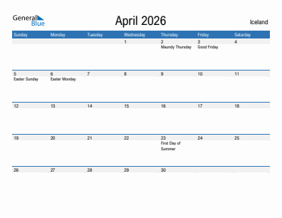 Current month calendar with Iceland holidays for April 2026