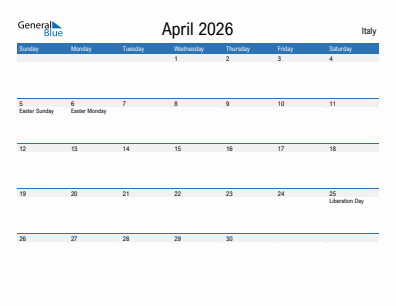 Current month calendar with Italy holidays for April 2026