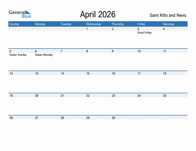 Current month calendar with Saint Kitts and Nevis holidays for April 2026