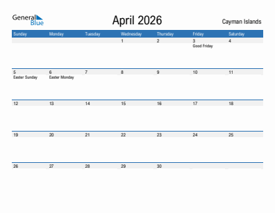 Current month calendar with Cayman Islands holidays for April 2026