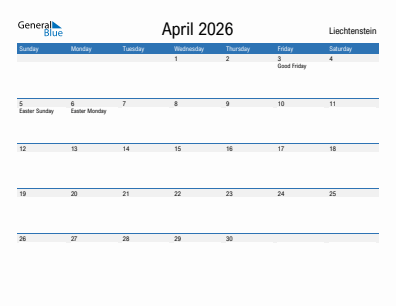 Current month calendar with Liechtenstein holidays for April 2026