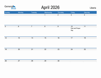 Current month calendar with Liberia holidays for April 2026