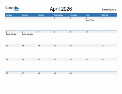 Current month calendar with Luxembourg holidays for April 2026