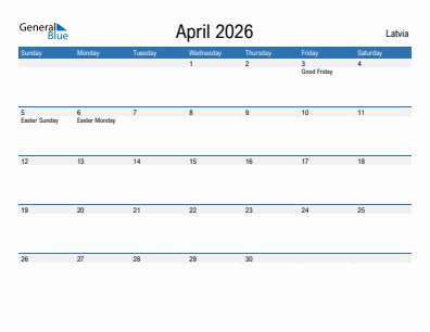 Current month calendar with Latvia holidays for April 2026