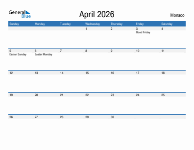 Current month calendar with Monaco holidays for April 2026