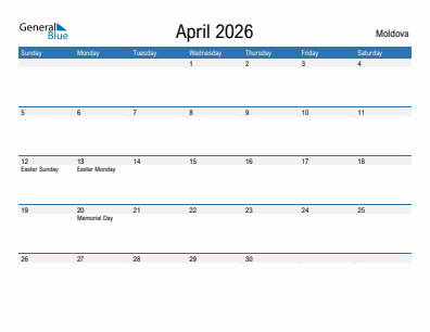 Current month calendar with Moldova holidays for April 2026