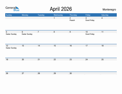 Current month calendar with Montenegro holidays for April 2026