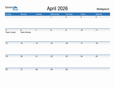 Current month calendar with Madagascar holidays for April 2026