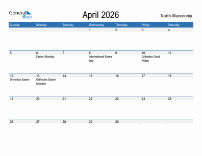 Current month calendar with North Macedonia holidays for April 2026