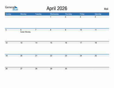 Current month calendar with Mali holidays for April 2026