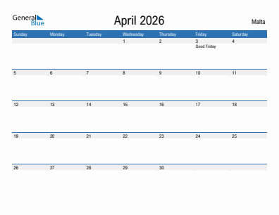 Current month calendar with Malta holidays for April 2026