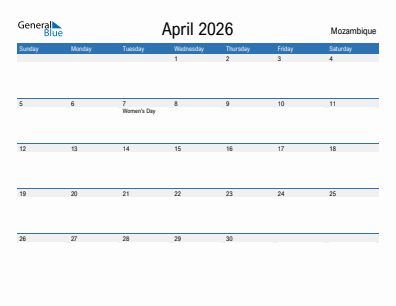 Current month calendar with Mozambique holidays for April 2026